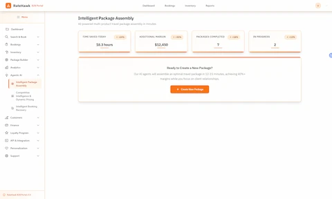 Package Assembly Dashboard - Overview of time saved, margins achieved, and active package creation workspace